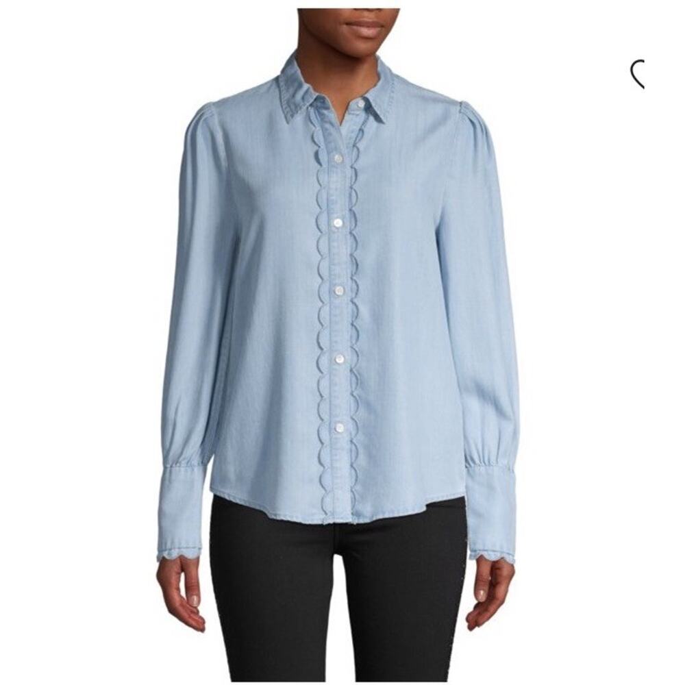 Frame Soft Chambray Tencel Button Down Scallop Long Sleeve Blouse Sz S $245